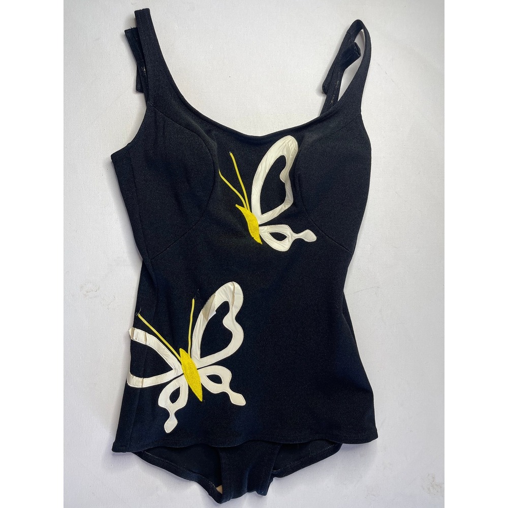 Vtg Swimsuit DeWeese Designs L Butterly Blacksize 14 36 L pinup girdle swim READ